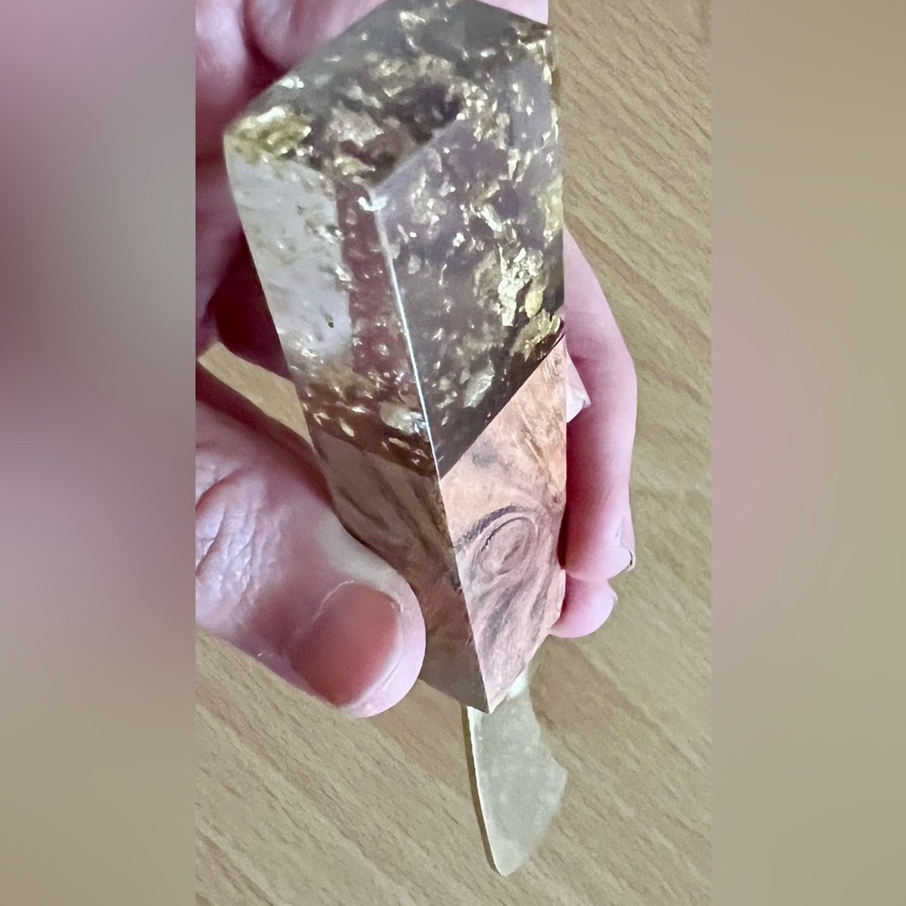 Walnut handled serving knife with gold leaf in clear resin and gold tone metal